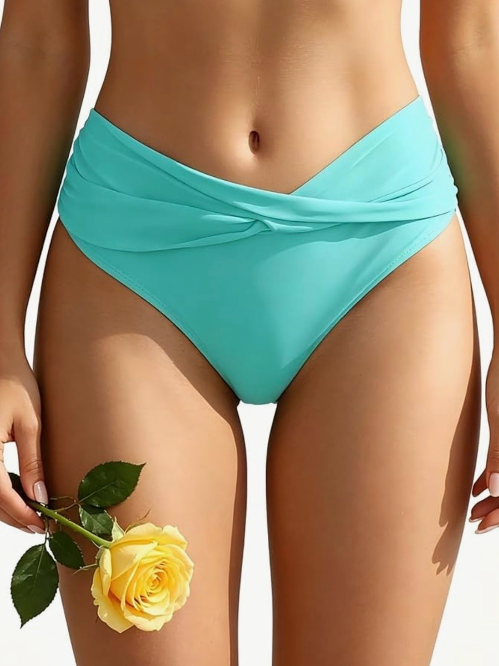 Twist-Front High-Waist Bikini Bottom in Aqua